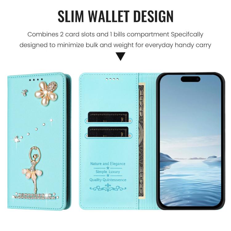 Ballet Girl Diamond Studded RFID Vegan Leather Phone Case, For iPhone 11 Pro Max, For iPhone 11, For iPhone 11 Pro
