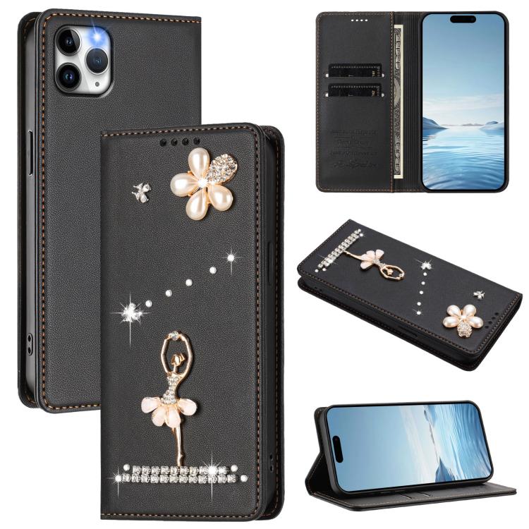 Ballet Girl Diamond Studded RFID Vegan Leather Phone Case, For iPhone 11 Pro Max, For iPhone 11, For iPhone 11 Pro