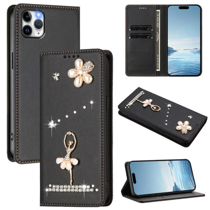 Ballet Girl Diamond Studded RFID Vegan Leather Phone Case, For iPhone 11 Pro Max, For iPhone 11, For iPhone 11 Pro