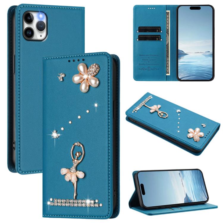Ballet Girl Diamond Studded RFID Vegan Leather Phone Case, For iPhone 11 Pro Max, For iPhone 11, For iPhone 11 Pro