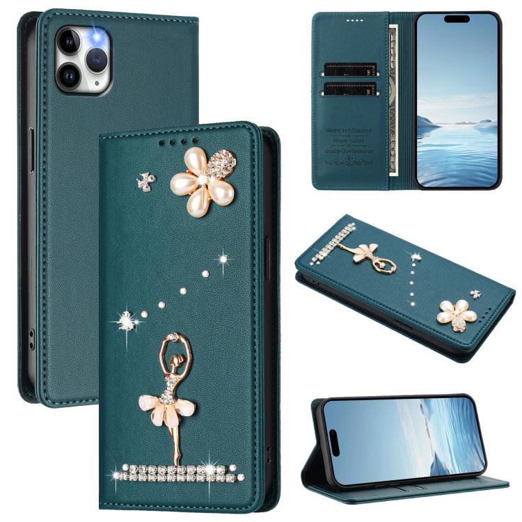 Ballet Girl Diamond Studded RFID Vegan Leather Phone Case, For iPhone 11 Pro Max, For iPhone 11, For iPhone 11 Pro