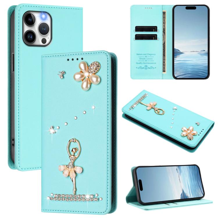 Ballet Girl Diamond Studded RFID Vegan Leather Phone Case, For iPhone 13 Pro, For iPhone 12 / 12 Pro, For iPhone 12 Pro Max