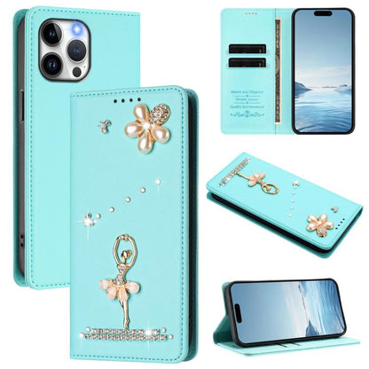 Ballet Girl Diamond Studded RFID Vegan Leather Phone Case, For iPhone 14 Pro, For iPhone 14 Pro Max, For iPhone 13 Pro Max