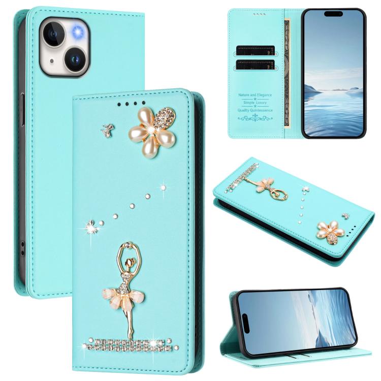 Ballet Girl Diamond Studded RFID Vegan Leather Phone Case, For iPhone 15, For iPhone 14 Plus, For iPhone 14 / 13