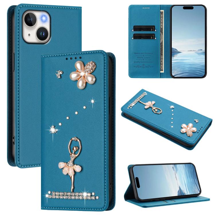 Ballet Girl Diamond Studded RFID Vegan Leather Phone Case, For iPhone 15, For iPhone 14 Plus, For iPhone 14 / 13