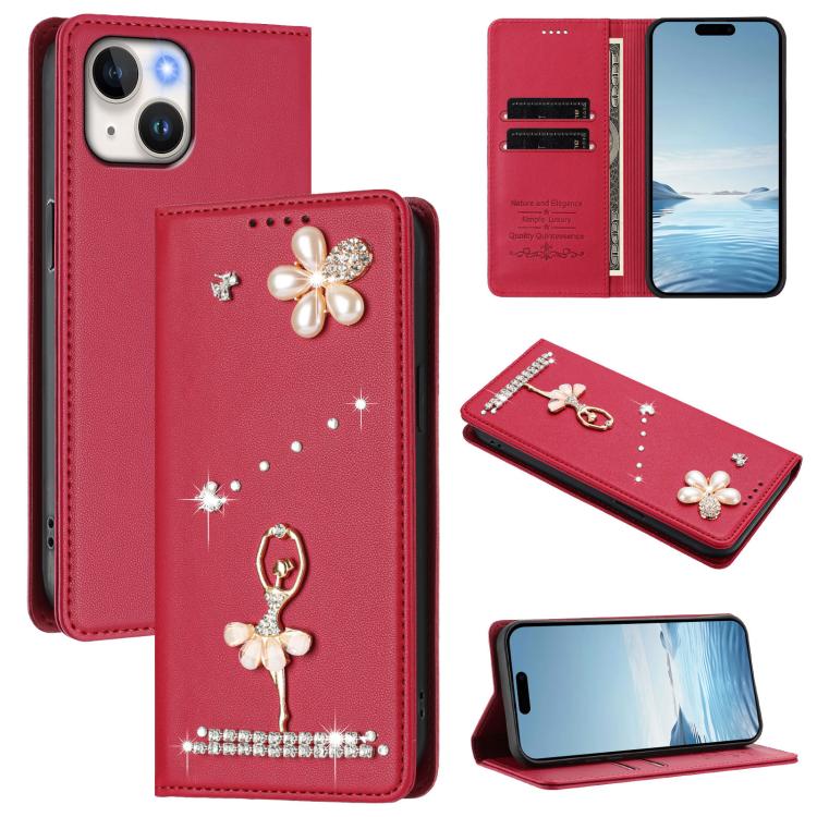 Ballet Girl Diamond Studded RFID Vegan Leather Phone Case, For iPhone 15, For iPhone 14 Plus, For iPhone 14 / 13