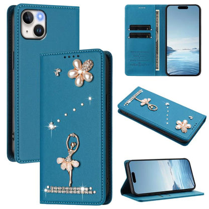 Ballet Girl Diamond Studded RFID Vegan Leather Phone Case, For iPhone 15, For iPhone 14 Plus, For iPhone 14 / 13