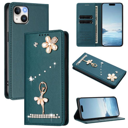Ballet Girl Diamond Studded RFID Vegan Leather Phone Case, For iPhone 15, For iPhone 14 Plus, For iPhone 14 / 13