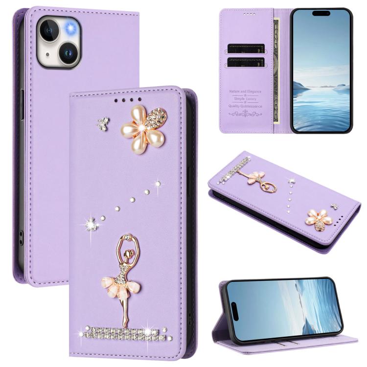 Ballet Girl Diamond Studded RFID Vegan Leather Phone Case, For iPhone 15, For iPhone 14 Plus, For iPhone 14 / 13
