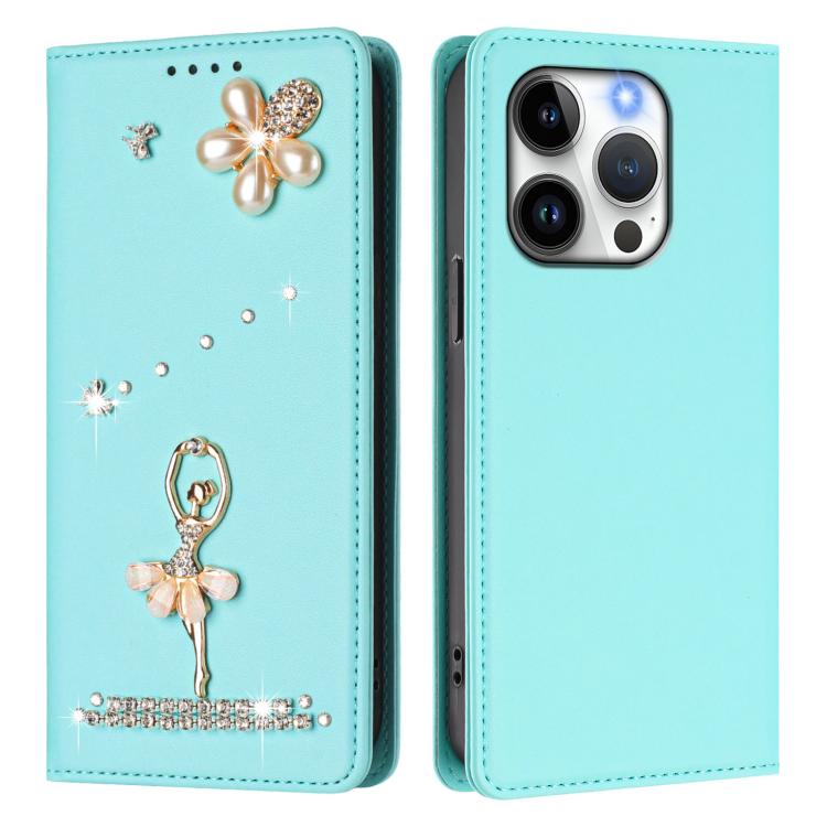 Ballet Girl Diamond Studded RFID Vegan Leather Phone Case, For iPhone 14 Pro, For iPhone 14 Pro Max, For iPhone 13 Pro Max