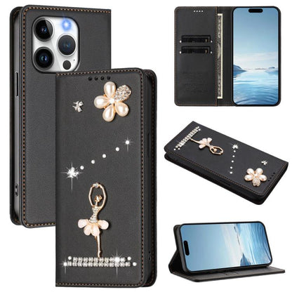 Ballet Girl Diamond Studded RFID Vegan Leather Phone Case, For iPhone 14 Pro, For iPhone 14 Pro Max, For iPhone 13 Pro Max