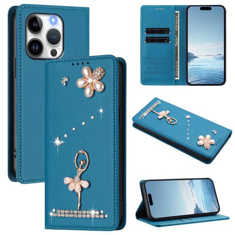 Ballet Girl Diamond Studded RFID Vegan Leather Phone Case, For iPhone 14 Pro, For iPhone 14 Pro Max, For iPhone 13 Pro Max