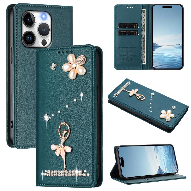Ballet Girl Diamond Studded RFID Vegan Leather Phone Case, For iPhone 14 Pro, For iPhone 14 Pro Max, For iPhone 13 Pro Max