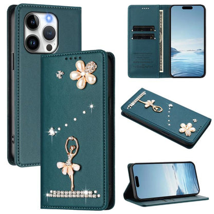 Ballet Girl Diamond Studded RFID Vegan Leather Phone Case, For iPhone 14 Pro, For iPhone 14 Pro Max, For iPhone 13 Pro Max