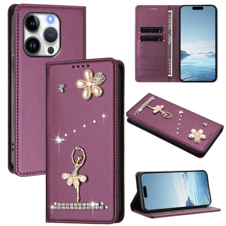 Ballet Girl Diamond Studded RFID Vegan Leather Phone Case, For iPhone 14 Pro, For iPhone 14 Pro Max, For iPhone 13 Pro Max