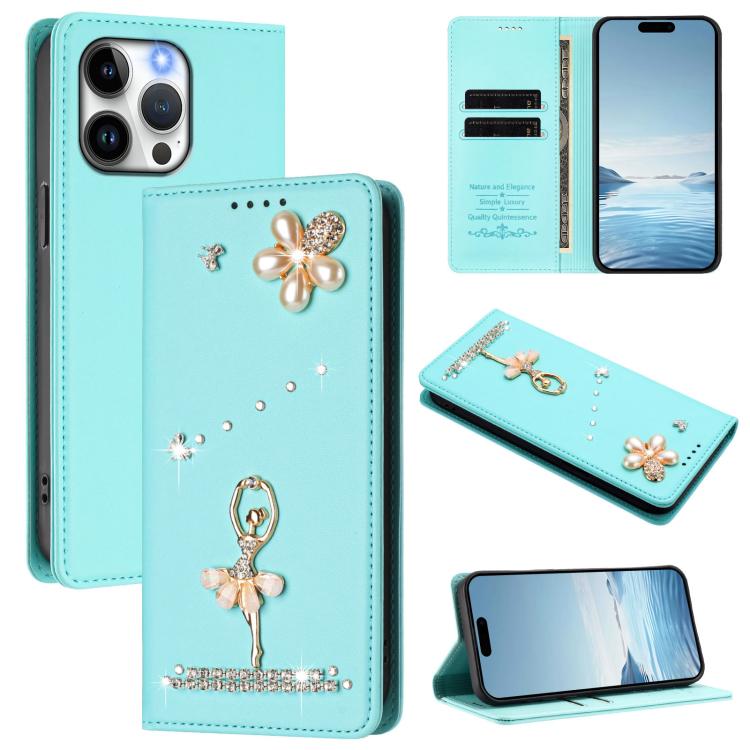 Ballet Girl Diamond Studded RFID Vegan Leather Phone Case, For iPhone 14 Pro, For iPhone 14 Pro Max, For iPhone 13 Pro Max