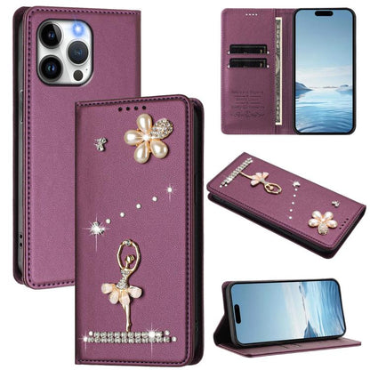 Ballet Girl Diamond Studded RFID Vegan Leather Phone Case, For iPhone 14 Pro, For iPhone 14 Pro Max, For iPhone 13 Pro Max
