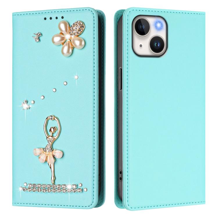 Ballet Girl Diamond Studded RFID Vegan Leather Phone Case, For iPhone 15, For iPhone 14 Plus, For iPhone 14 / 13