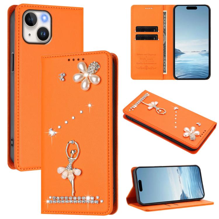 Ballet Girl Diamond Studded RFID Vegan Leather Phone Case, For iPhone 15, For iPhone 14 Plus, For iPhone 14 / 13