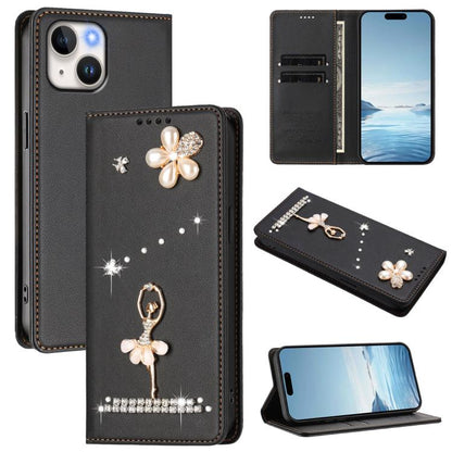Ballet Girl Diamond Studded RFID Vegan Leather Phone Case, For iPhone 15, For iPhone 14 Plus, For iPhone 14 / 13