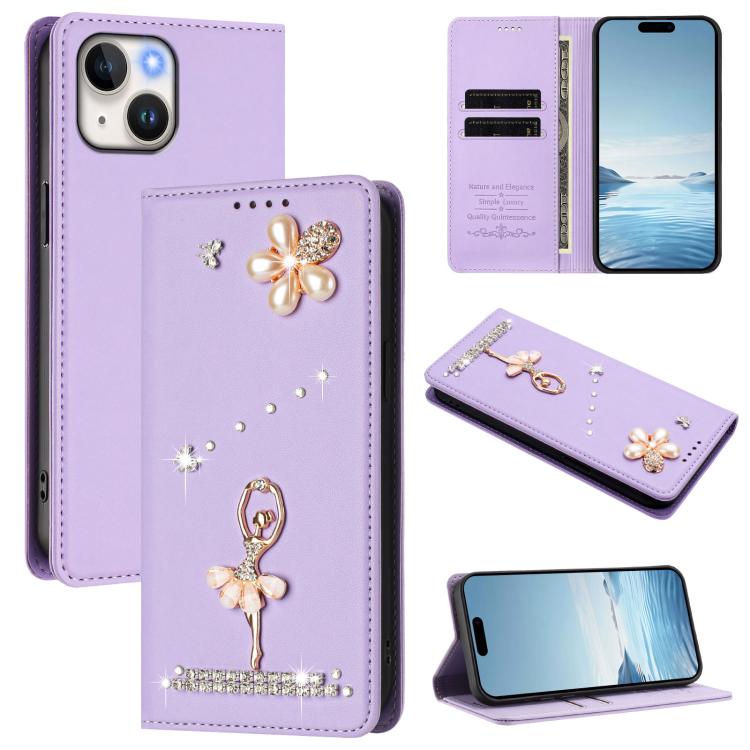Ballet Girl Diamond Studded RFID Vegan Leather Phone Case, For iPhone 15, For iPhone 14 Plus, For iPhone 14 / 13