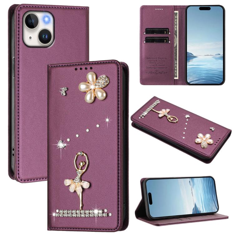 Ballet Girl Diamond Studded RFID Vegan Leather Phone Case, For iPhone 15, For iPhone 14 Plus, For iPhone 14 / 13