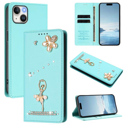 Ballet Girl Diamond Studded RFID Vegan Leather Phone Case, For iPhone 15 Pro Max, For iPhone 15 Pro, For iPhone 15 Plus