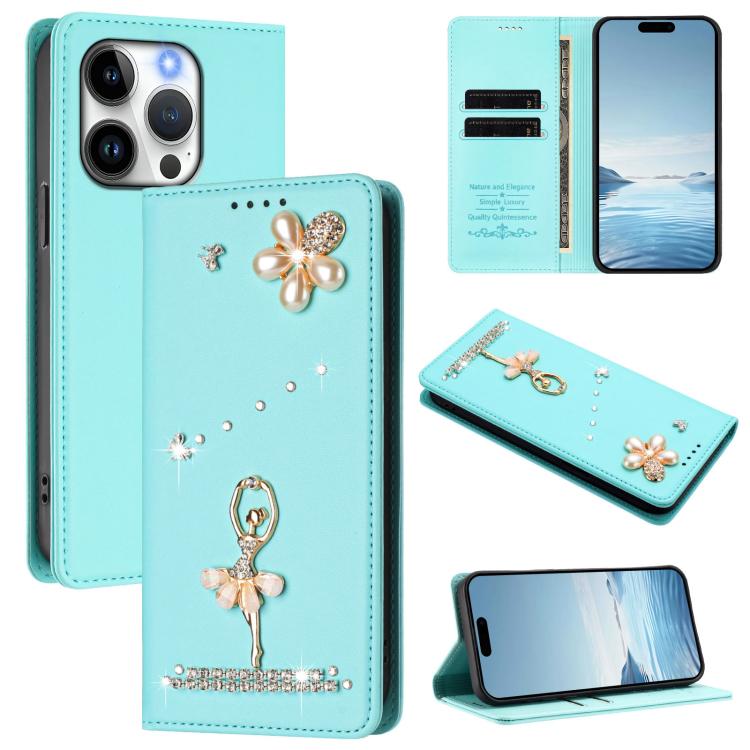 Ballet Girl Diamond Studded RFID Vegan Leather Phone Case, For iPhone 15 Pro Max, For iPhone 15 Pro, For iPhone 15 Plus