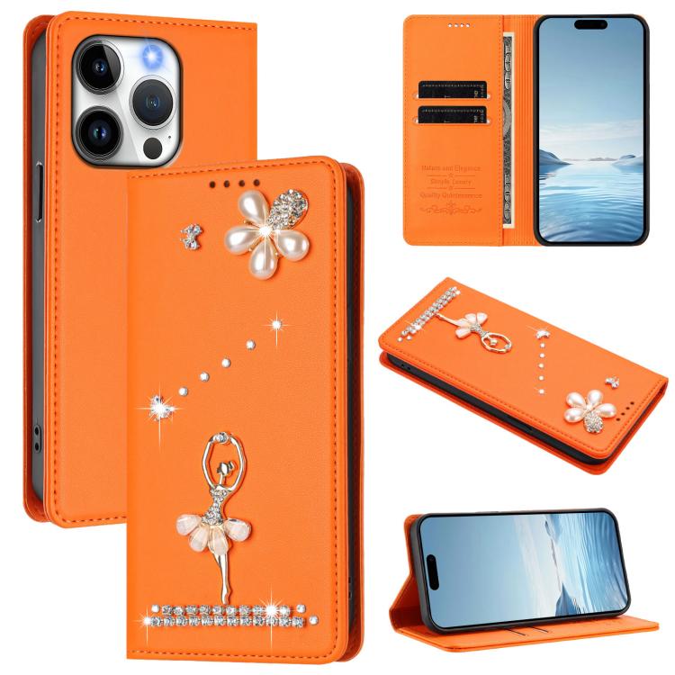 Ballet Girl Diamond Studded RFID Vegan Leather Phone Case, For iPhone 15 Pro Max, For iPhone 15 Pro, For iPhone 15 Plus