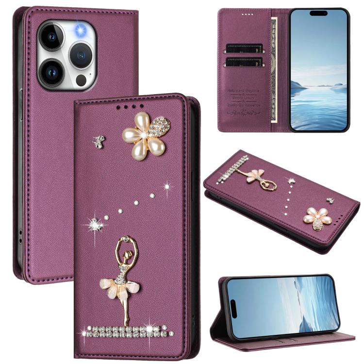 Ballet Girl Diamond Studded RFID Vegan Leather Phone Case, For iPhone 15 Pro Max, For iPhone 15 Pro, For iPhone 15 Plus