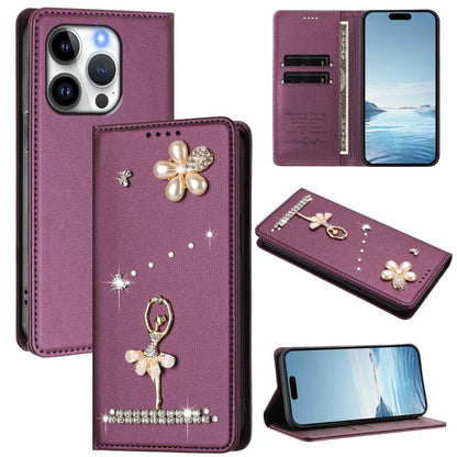 Ballet Girl Diamond Studded RFID Vegan Leather Phone Case, For iPhone 15 Pro Max, For iPhone 15 Pro, For iPhone 15 Plus