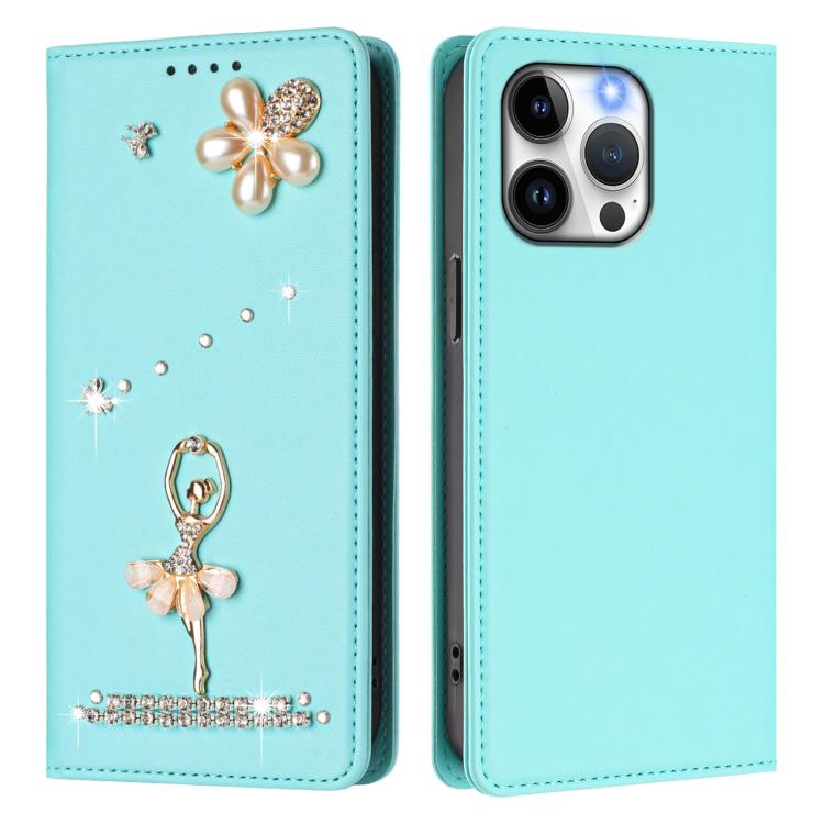 Ballet Girl Diamond Studded RFID Vegan Leather Phone Case, For iPhone 15 Pro Max, For iPhone 15 Pro, For iPhone 15 Plus