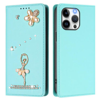 Ballet Girl Diamond Studded RFID Vegan Leather Phone Case, For iPhone 15 Pro Max, For iPhone 15 Pro, For iPhone 15 Plus