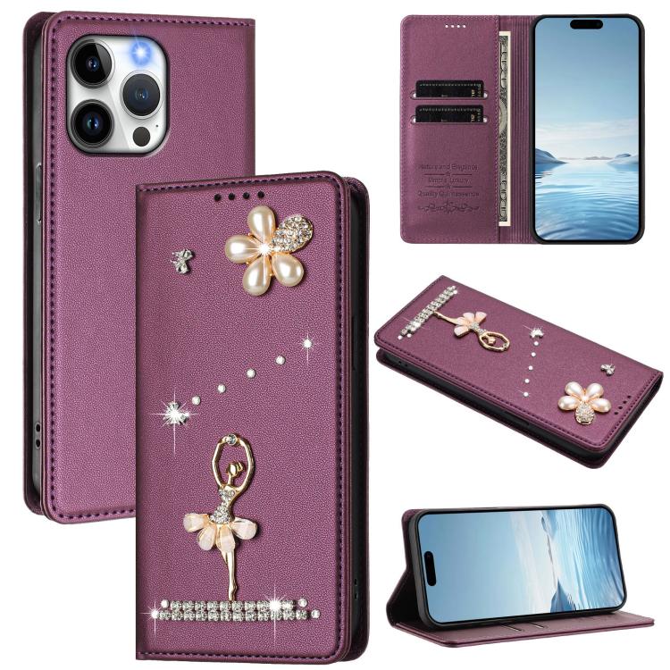 Ballet Girl Diamond Studded RFID Vegan Leather Phone Case, For iPhone 15 Pro Max, For iPhone 15 Pro, For iPhone 15 Plus