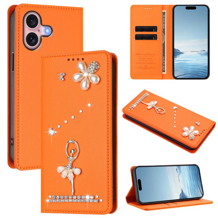 Ballet Girl Diamond Studded RFID Vegan Leather Phone Case, For iPhone 16 Pro, For iPhone 16 Plus, For iPhone 16