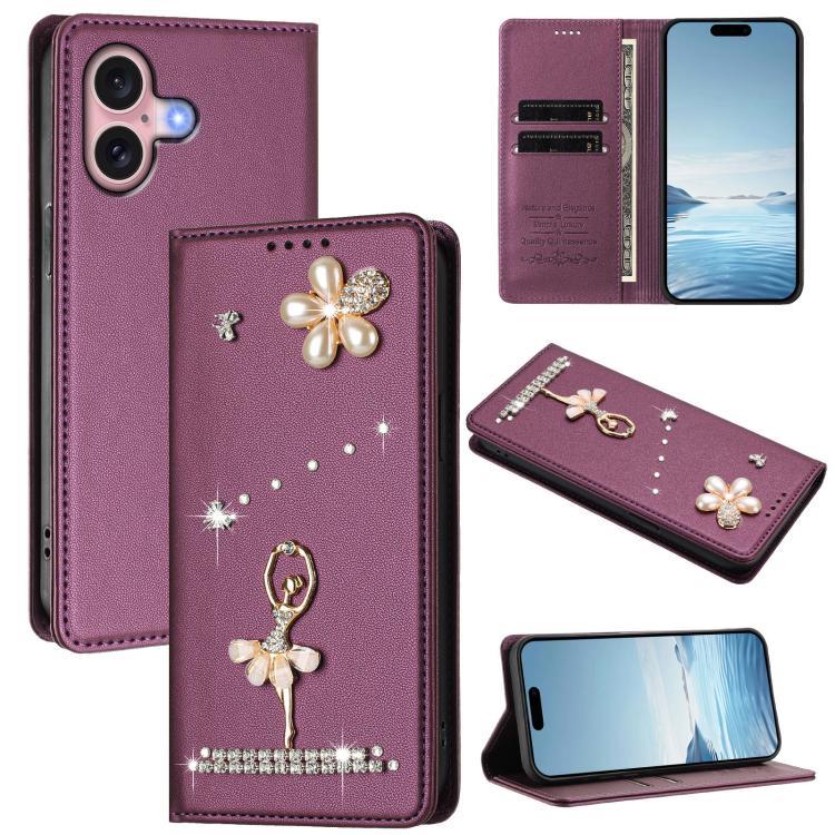 Ballet Girl Diamond Studded RFID Vegan Leather Phone Case, For iPhone 16 Pro, For iPhone 16 Plus, For iPhone 16