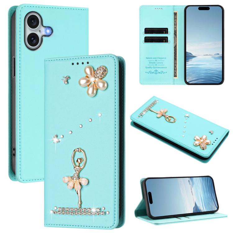 Ballet Girl Diamond Studded RFID Vegan Leather Phone Case, For iPhone 16 Pro, For iPhone 16 Plus, For iPhone 16