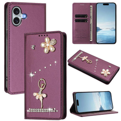 Ballet Girl Diamond Studded RFID Vegan Leather Phone Case, For iPhone 16 Pro, For iPhone 16 Plus, For iPhone 16