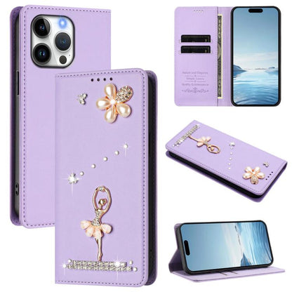 Ballet Girl Diamond Studded RFID Vegan Leather Phone Case, For iPhone 17, For iPhone Air, For iPhone 16 Pro Max