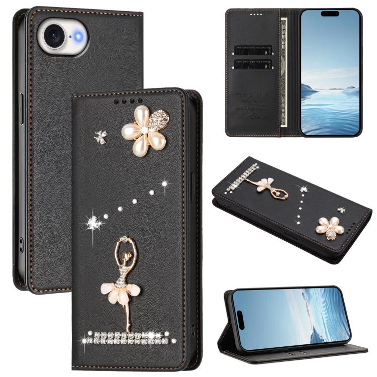 Ballet Girl Diamond Studded RFID Vegan Leather Phone Case, For iPhone 17e / 16e, For iPhone 17 Pro Max, For iPhone 17 Pro