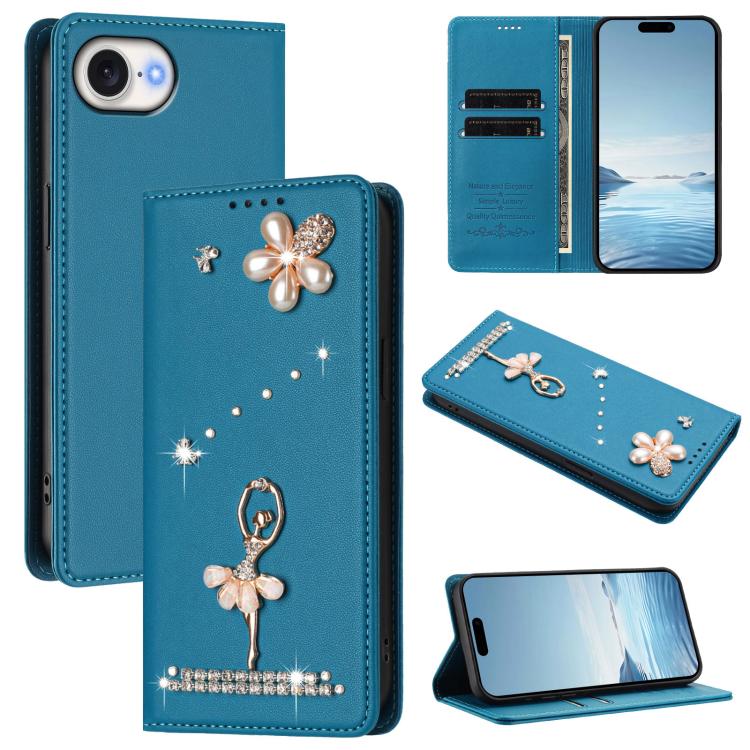 Ballet Girl Diamond Studded RFID Vegan Leather Phone Case, For iPhone 17e / 16e, For iPhone 17 Pro Max, For iPhone 17 Pro