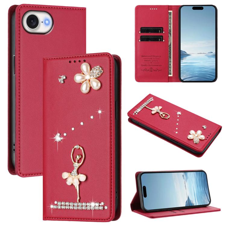 Ballet Girl Diamond Studded RFID Vegan Leather Phone Case, For iPhone 17e / 16e, For iPhone 17 Pro Max, For iPhone 17 Pro