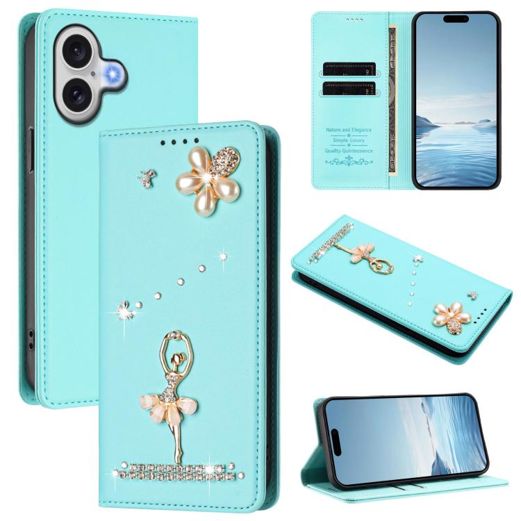 Ballet Girl Diamond Studded RFID Vegan Leather Phone Case, For iPhone 17, For iPhone Air, For iPhone 16 Pro Max