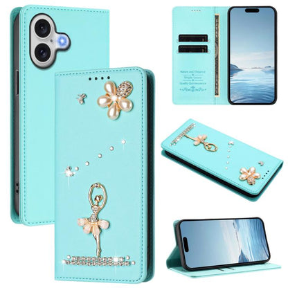 Ballet Girl Diamond Studded RFID Vegan Leather Phone Case, For iPhone 17, For iPhone Air, For iPhone 16 Pro Max