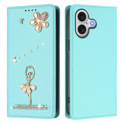 Ballet Girl Diamond Studded RFID Vegan Leather Phone Case, For iPhone 17, For iPhone Air, For iPhone 16 Pro Max