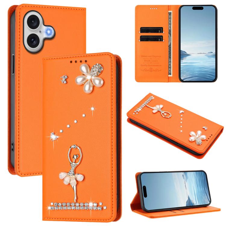 Ballet Girl Diamond Studded RFID Vegan Leather Phone Case, For iPhone 17, For iPhone Air, For iPhone 16 Pro Max