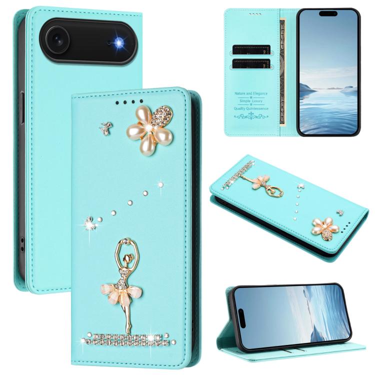 Ballet Girl Diamond Studded RFID Vegan Leather Phone Case, For iPhone 17, For iPhone Air, For iPhone 16 Pro Max
