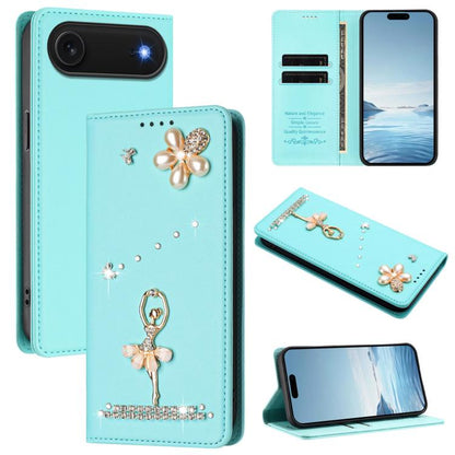 Ballet Girl Diamond Studded RFID Vegan Leather Phone Case, For iPhone 17, For iPhone Air, For iPhone 16 Pro Max