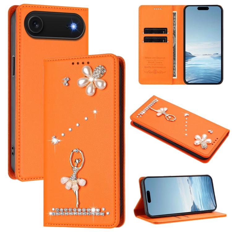 Ballet Girl Diamond Studded RFID Vegan Leather Phone Case, For iPhone 17, For iPhone Air, For iPhone 16 Pro Max
