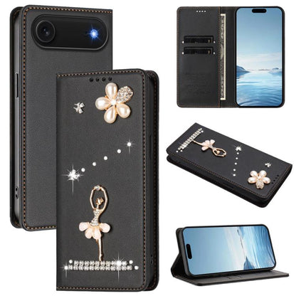 Ballet Girl Diamond Studded RFID Vegan Leather Phone Case, For iPhone 17, For iPhone Air, For iPhone 16 Pro Max
